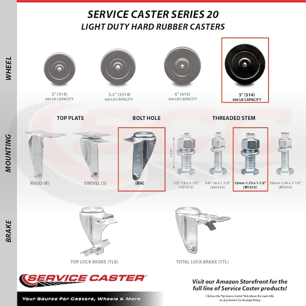 Service Caster 5 Inch Hard Rubber Wheel Swivel 12mm Threaded Stem Caster Brakes SCC, 2PK SCC-TS20S514-HRS-M1215-2-TLB-2 - main